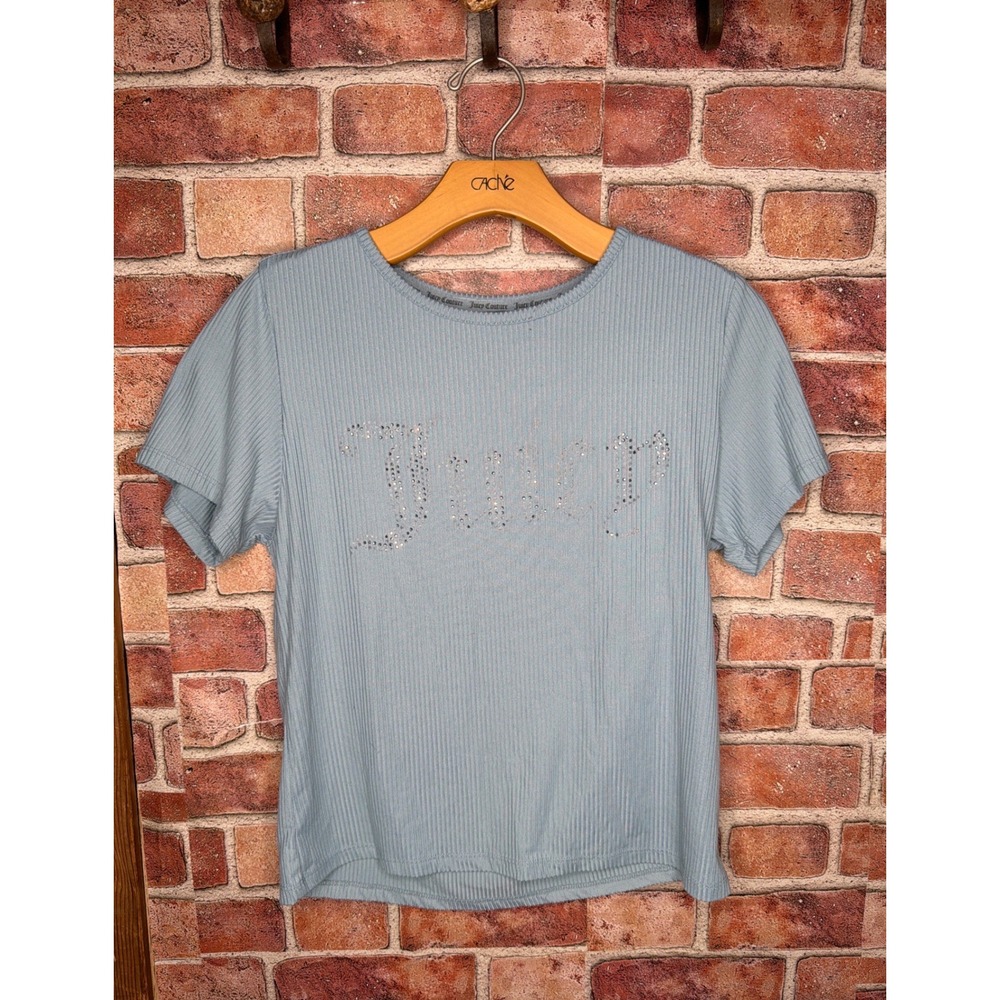 Juicy Couture Sleepwear Top Blue Ribbed Rhinestone Logo Pajama Shirt Large